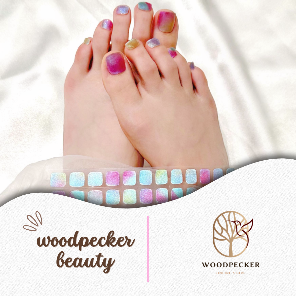 Rainbow color toe nail stickers with shiny gel look
