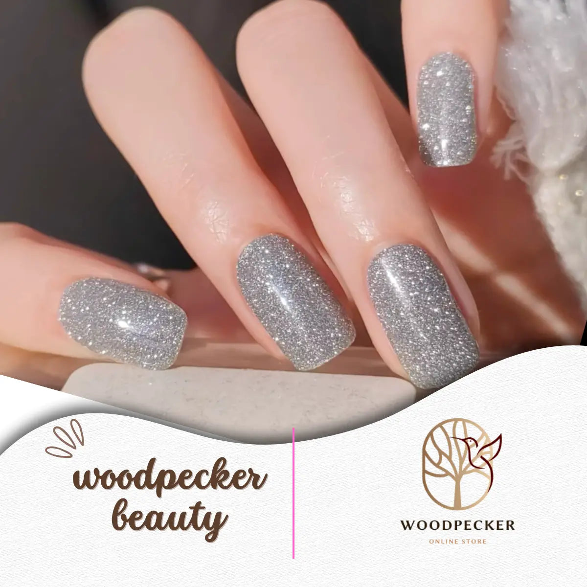 Ultra-sparkly silver glitter nail stickers with a dazzling shine, perfect for parties and winter holidays.
