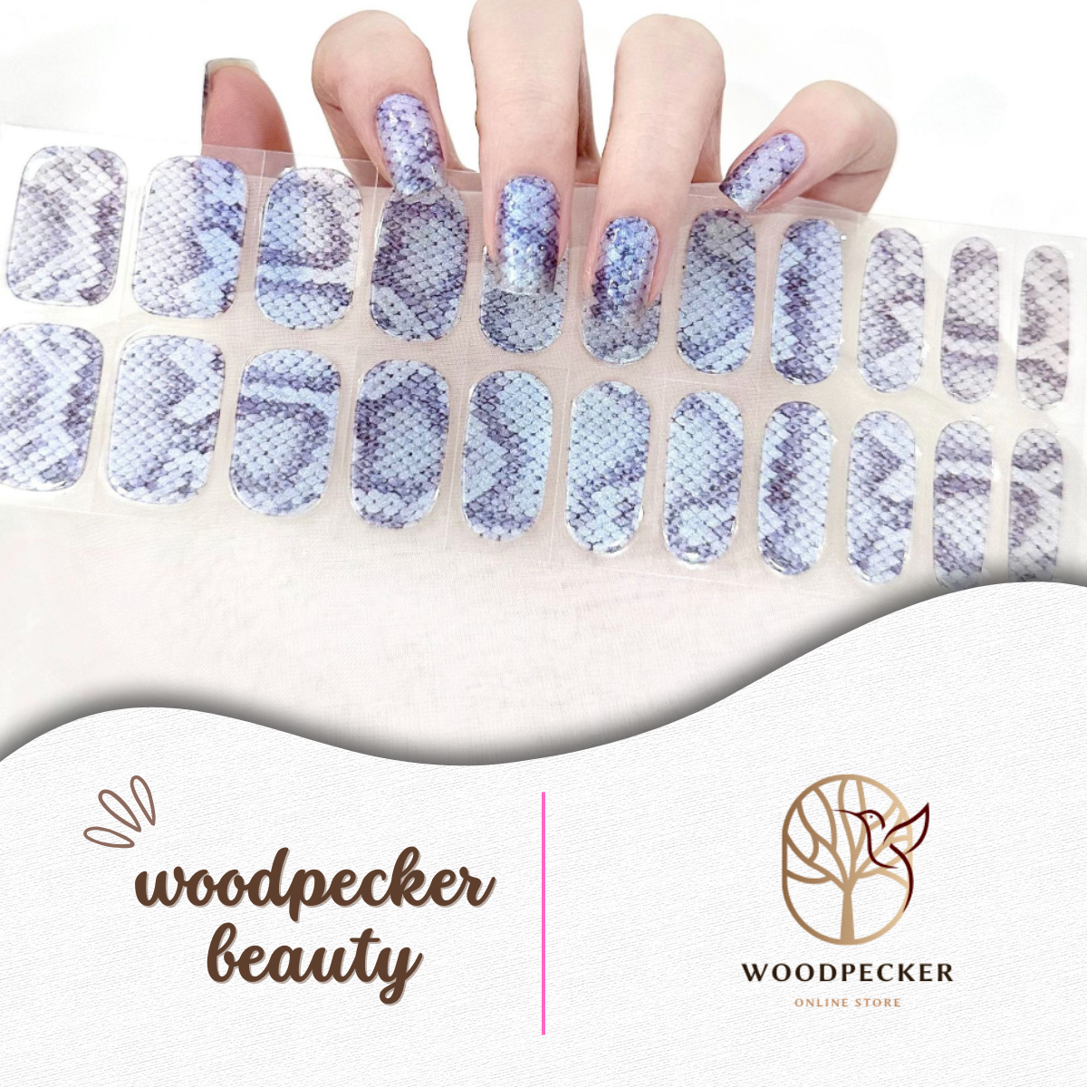 Semi-cured gel nail wraps with gradient blue and purple snake skin pattern, UV lamp required

