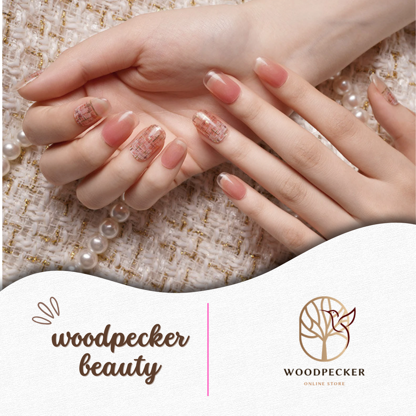 Pink nude nail stickers featuring a chic tweed pattern — elegant, understated, and perfect for a polished everyday look.
