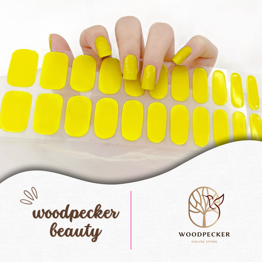 Bright yellow nail wraps for summer – glossy finish by Woodpecker Beauty